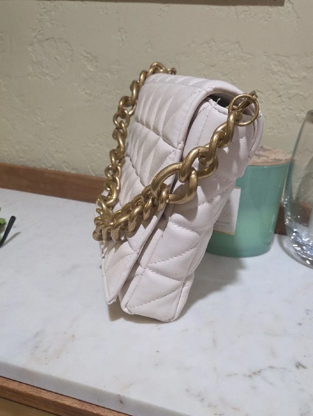 Zara Quilted White Shoulder Bag with Gold Chain